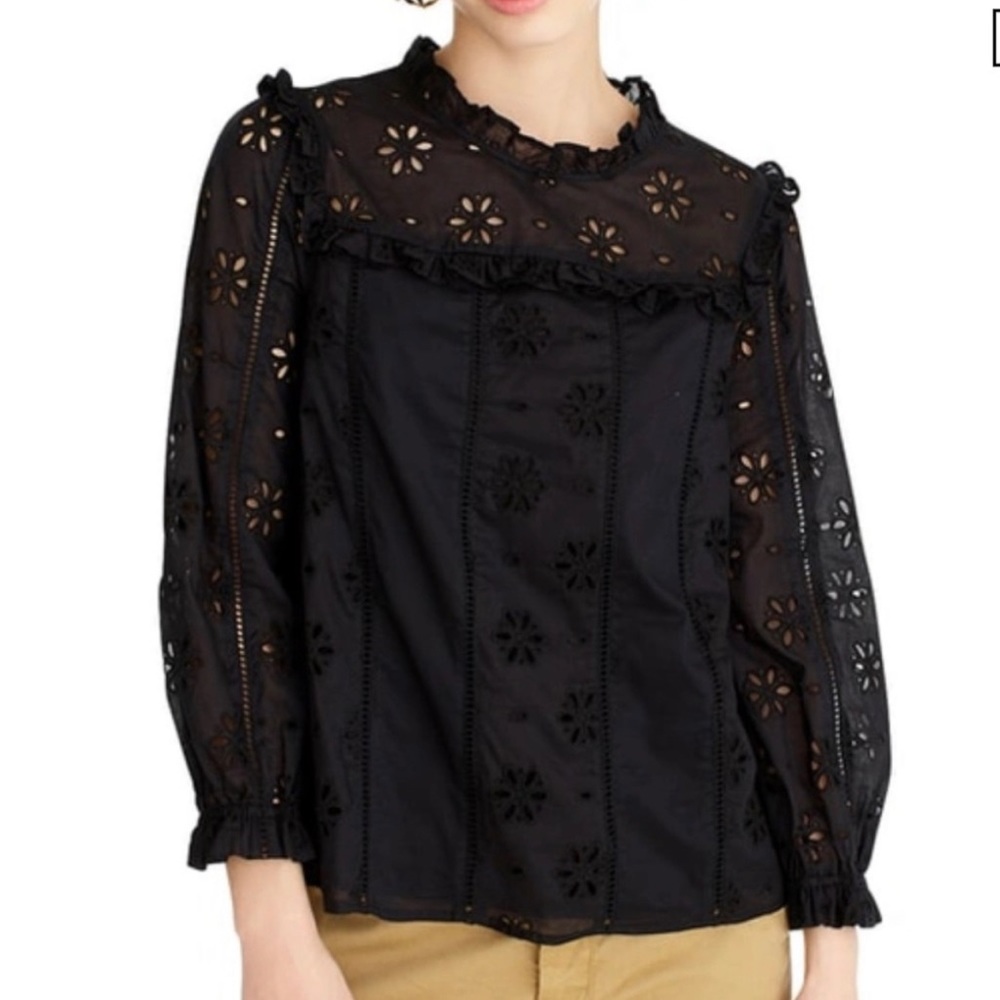 J CREW Black Eyelet Lace Ruffle Neckline Shirt